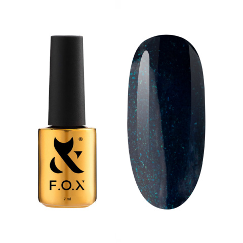 F.O.X gel polish Party 009 - granatowy lakier hybrydowy z zielonym brokatowym połyskiem, 7 ml