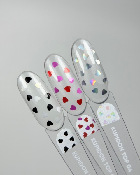 NAILSOFTHEDAY Kupidon top 06 — top z czarnymi i holograficznymi serduszkami bez lepkiej warstwy, 10 ml