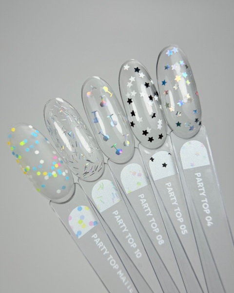 NAILSOFTHEDAY Party top 08 - przezroczysty top z holograficznymi kieliszkami, bez lepkiej warstwy, 10 ml.